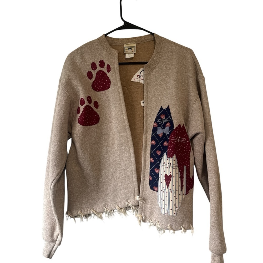 Vintage Cat Paw Print Appliqué Cardigan Jacket Beige Frayed Hem Cozy Cat Lover M